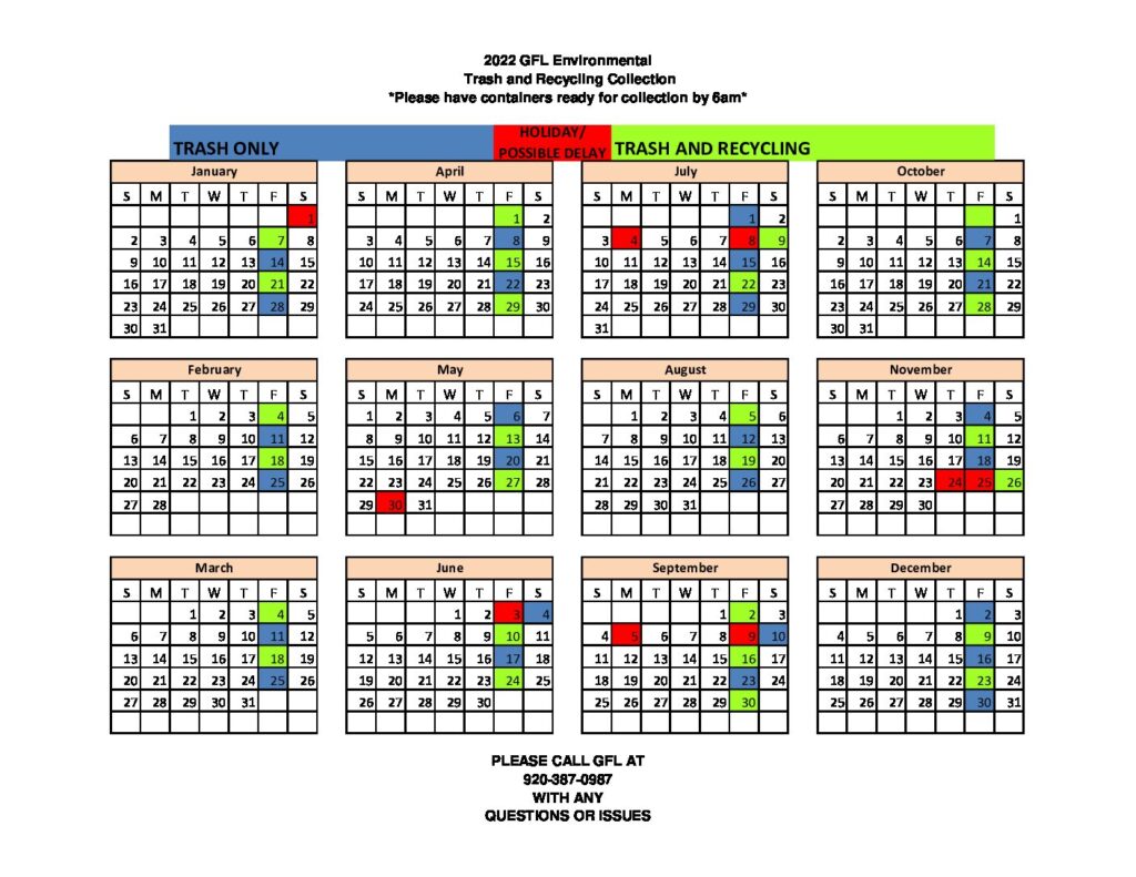 2022 Garbage Pick Up Calender Also The First Saturday Pick Up For